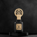 Black bottle gold cap oriental perfume Imperium by Khalifi Perfumes on a black wooden rounded piece of wood and a black background